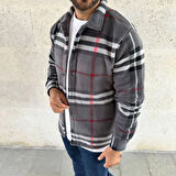 Erkek Ekose Desenli Düğmeli Polar Yakalı Uzun Kollu Gömlek Oversize Rahat Kalıp - Füme