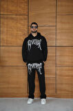 Erkek Premium Taş Baskılı Eşofman Takım Revenge Model (Siyah) Kapüşonlu Üst + Taşlı Baskılı Alt Modern Streetwear Tarzı Oversize Rahat Kalıp 3 iplik Pamuklu - Siyah