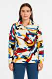 Kadın Yarım Fermuarlı Desenli Polar Sweat - Renkli Abstract Desen Yakalı, Uzun Kollu, Oversize Rahat Kalıp - Beyaz