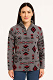 Kadın Yarım Fermuarlı Desenli Polar Sweat Tribal Etnik Desen Yakalı, Uzun Kollu, Oversize Rahat Kalıp - Füme