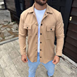 Diagonal Kumaş Cepli Çıtçıtlı uzun Kollu, Gömlek Oversize Rahat Kalıp Günlük Şık Stil - Bej