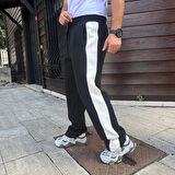 Erkek Üç İplik Kışlık Pamuklu Yandan Garneli Kalın Şeritli Cepli Eşofman Altı - Siyah