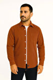 Erkek Fitilli Kadife Cepli Gömlek Oversize Rahat Kalıp - Kahverengi