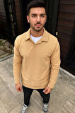 Erkek Fitilli Polar Sweatshirt - Düğmesiz Polo Yaka, Oversize Rahat Kalıp, Kalın Polar Kumaş, Kışlık ve Baharlık Şık Günlük Üst - Bej