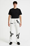 Erkek Üç İplik Pamuklu Baskılı Cepli Jogger Buggy Pantalon Oversize Kalıp - Beyaz