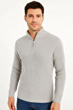 Erkek Yarım Fermuarlı Triko Kazak - Selanik Örgü, Dik Yaka, Pamuklu Dokuma, Regular Fit Uzun Kollu Kışlık Model - Gri