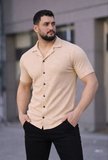 Erkek Waffle Kumaş Kısa Kollu Düğmeli Açık Yaka Regular Fit Gömlek - Bej