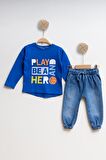 Çocuk Kot Sweatshirt Erkek Alt Üst Takım Play be and Hero - MAVİ - 5 YAŞ