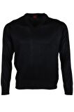 Erkek Yünlü Kazak V Yaka Normal Klasik Kesim Siyah RAR00378 Siyah-4XL