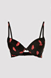 Siyah Desteksiz  Dudak Desenli Sütyen