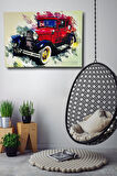 Klasik Araba Kırmızı Renkli Dekoratif Duvar Dekorasyonu Sulu Boya Efektli Renkli Kanvas Tablo