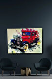 Klasik Araba Kırmızı Renkli Dekoratif Duvar Dekorasyonu Sulu Boya Efektli Renkli Kanvas Tablo