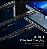Işıklı 3 in1 Lightning-Micro-Type-C 100W Hızlı Şarj Kablosu 3A 1.2m Siyah