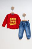 Çocuk Kot Sweatshirt Erkek Alt Üst Takım Born to be - KIRMIZI - 2 YAŞ