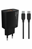 PDAteknoloji 20 watt USB + Type-C çıkışlı Hızlı Şarj Başlık Adaptör + 1m 3A Type-C to Type-C Kablo  (Yerli Üretim) KDR-42 Siyah