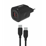 PDAteknoloji Yetty Çift Çıkışlı PD 25w 3.0 Type-C to Type-C 1m Hızlı Şarj Kablosu - Siyah (Yerli Üretim)