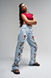Kadın Snow Kot Rengi 4S5-3 Çiçek Nakışlı Loose Fit %100 Koton Tasarım Denim Jean