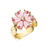 Pembe Taşlı Çiçek Altın Yüzük