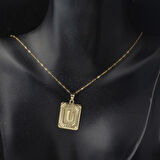 U Harf Kolye 14 Ayar Kare Altın Plakalı