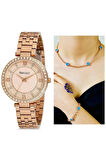 Ferrucci RoseGold Çelik Zirkon Taşlı Şık Kadın Kol Saat+Nazarlıklı Set Hediyeli