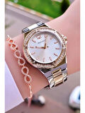 Ferrucci Silver&RoseGold Taşlı Şık Kasa Çelik Kadın Kol Saat+Bileklik Hediyeli
