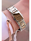 Ferrucci Silver&RoseGold Taşlı Şık Kasa Çelik Kadın Kol Saat+Bileklik Hediyeli