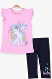 Breeze Kız Çocuk Kapri Taytlı Takım Unicorn Baskılı 2-6 Yaş, Pudra