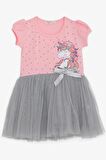Breeze Kız Çocuk Elbise Unicorn Baskılı Tüllü Fiyonklu 3-8 Yaş, Pembe