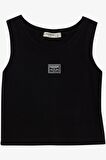 Breeze Kız Çocuk Askılı Tişört Armalı Taşlı 9-14 Yaş, Siyah