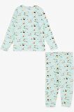 BREEZE Kız Çocuk Pijama Takımı Renkli Helikopter Desenli 1.5-5 Yaş, Su Yeşili
