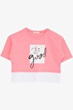 BREEZE Kız Çocuk Crop Tişört Yazı Baskılı Yanları Yırtmaçlı 9-14 Yaş, Neon Pembe