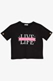 BREEZE Kız Çocuk Crop Tişört Kolları Düğme Aksesuarlı Simli Yazı Baskılı 9-16 Yaş, Siyah