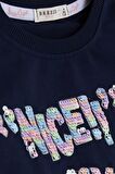 BREEZE Kız Çocuk Sweatshirt Pullu Yazı Baskılı 8-14 Yaş, Lacivert