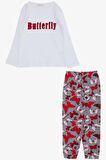 Breeze Kız Çocuk Pijama Takımı Kelebek Desenli Yazı Baskılı 5-10 Yaş, Beyaz