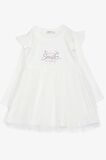 Breeze Kız Çocuk Uzun Kollu Elbise Yazı Nakışlı Pullu Tüllü Omuzu Fırfırlı 1.5-5 Yaş, Beyaz