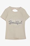 BREEZE Kız Çocuk Tişört Crop Sırt Dekolteli Yazı Baskılı Simli 9-14 Yaş, Bej