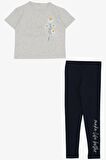 Breeze Kız Çocuk Taytlı Takım Çiçek & Yazı Baskılı Fiyonklu 5-10 Yaş, Açık Gri Melanj