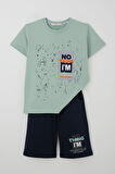 Breeze Erkek Çocuk Şortlu Takım Püskürtme Boya Desenli Yazı Baskılı 5-10 Yaş, Mint Yeşili