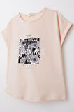 Breeze Kız Çocuk Tişört Kemer Boy Çiçek & Yazı Baskılı 7-12 Yaş, Pudra