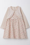 Breeze Kız Çocuk Uzun Kollu Elbise Çiçekli Fiyonklu 3-8 Yaş, Bej