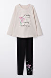 Breeze Kız Çocuk Taytlı Takım Yazı & Çiçek Baskılı 6-10 Yaş, Bej