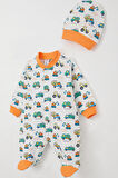 Breeze Erkek Bebek Patikli Tulum İş Makineleri Desenli 0-6 Ay, Beyaz