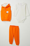 Breeze Erkek Bebek Zıbınlı 3 Lü Takım Sevimli Ayıcık Nakışlı Kapüşonlu 4 Ay-1 Yaş, Neon Turuncu