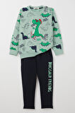 Breeze Erkek Bebek Eşofman Takımı Dinozor Baskılı 9 Ay-3 Yaş, Su Yeşili