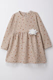 Breeze Kız Çocuk Uzun Kollu Elbise Kalp & Kazayağı Desenli 3-7 Yaş, Bej