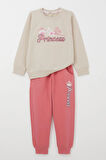 Breeze Kız Bebek Eşofman Takım Prenses Yazı Nakışlı 9 Ay-3 Yaş, Bej