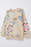 Breeze Kız Çocuk Sweatshirt Bahar Temalı Çicek Desenli 2-6 Yaş, Bej