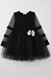 Breeze Kız Çocuk Uzun Kollu Elbise Kolları Tül Fiyonk Aksesuarlı Tüllü 5-10 Yaş, Siyah