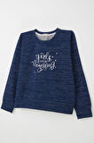 Breeze Kız Çocuk Sweatshirt Yazı Baskılı Yıldızlı 9-14 Yaş, Lacivert Melanj
