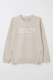 Breeze Kız Çocuk Sweatshirt Yazı Baskılı Kenarları Fermuar Detaylı 9-14 Yaş, Bej